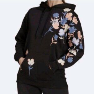 Adidas Primegreen Floral Hoodie Black Womens L Pullover Sweatshirt Eco Aesthetic